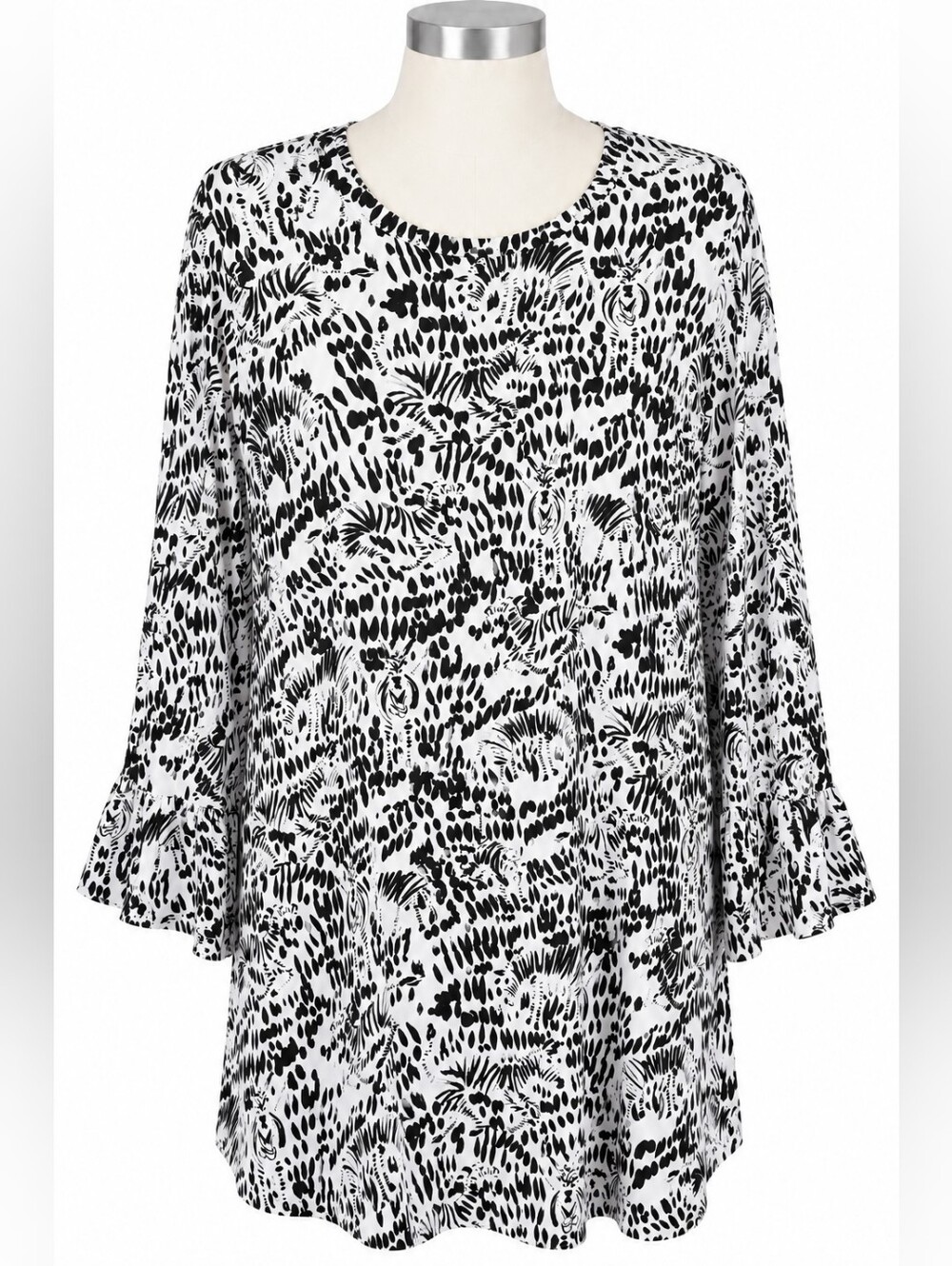 IBKUL Dress Womens Large L Zebra Print Long Sleeve Ruffle Bell Cuff Crew Neck